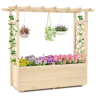 FANTASK Pflanzkasten mit Rankgitter, 115 x 40 x 103 cm, Hochbeet mit Rankhilfe & Abflusslöchern, Blumenkasten mit hängendem Dach, Pflanzgefäß für Kletterpflanzen, für Garten Hof Terrasse (Natur)