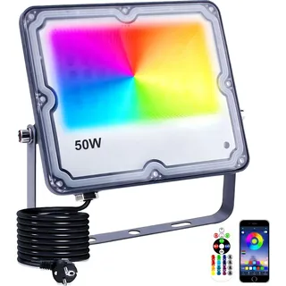 Indmird RGB Strahler 50W RGB LED Strahler Außen mit Bluetooth APP Steuerung IP66 Wasserdich Außenstrahler Smart RGBW Farbwechsel Dimmbar Flutlichtstrahler Stimmungslicht für Garten Party Bühnen