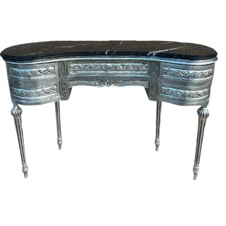 Casa Padrino Barock Sekretär mit Marmorplatte und 5 Schubladen Silber / Schwarz - Handgefertigter Massivholz Schreibtisch im Barockstil - Barock Büro Möbel