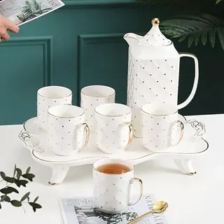 Genubi Industry 8 Stück Europäischen Stil Teeservice, Teetasse und Untertasse Set, Keramik Kaffeeset, Tea/Coffee Cup Set with Golden Trim, Porcelain Tea Set, Tea Party Set, Gift Package