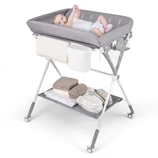 DREAMADE Wickeltisch Klappbar, Tragbare Wickelstation Baby mit Wasserbecken, Aufbewahrungskorb, Sicherheitsgurt und Räder, Wickelkommode Höhenverstellbar (Grau)