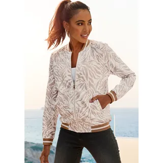 Trainingsjacke VENICE BEACH "mit Animalprint, mit Reißverschluss und gestreiften Bündchen", Damen, Gr. 32/34, beige (creme, gold), Stoff, Obermaterial: 100% Polyester, figurumspielend hüftlang, Rundhals, elastischer Bund, Jacken Trainingsjacke, Modische Sportjacke, leichte Übergangsjacke, sportlich-chic