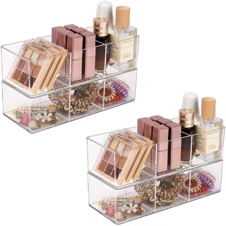 JessLab Acryl Organizer, 4er-Set Transparente Makeup Aufbewahrung für Schminktisch, Arbeitsplatte, Badezimmer, Stapelbares Design für Kosmetik, Schmuck und Bürobedarf, 3 Fach