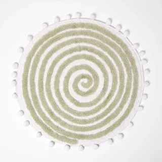 Homescapes Spiralmuster Badteppich getuftet mit Bommeln, runde Badematte 60 cm grün-weiß, Badvorleger Baumwolle