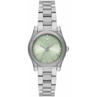 Emporio Armani Watch for Women, Three Hand Quartz Movement and 32mm Case Size with Stainless Steel, Leather or Silicone Strap Grün und Silberton, 32MM