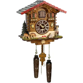 Schwarzwälder Kuckucksuhr Kanzach mit Musik, 12 Melodien, Nachtabschaltung und Holzfiguren, 24x24x15,5 cm