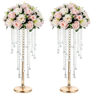 NUPTIO Hochzeit Tafelaufsätze Gold Vase: 2 Stück 55cm Hohe Kristallblumenvasen Metall Blumen Stehen für Partytische Dekorationen Elegante Bulk-Hochzeiten Jahrestag Kronleuchter Mittelstück Steht