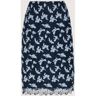 Bleistiftrock MADELEINE "Spitzenrock Midirock mit floralen Akzenten", Damen, Gr. 44, blau (marine, gletscherblau), Obermaterial: 100% Polyester PES., Modern, schmal, Röcke Bleistiftrock, Gehschlitz