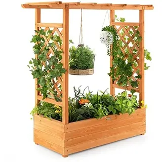 FANTASK Hochbeet mit Rankgitter & hängendem Dach, Pflanzkasten mit Rankhilfe, Blumenkasten für Kletterpflanzen & hängende Körbe 110 x 44 x113.5cm, Orange