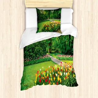 ABAKUHAUS Frühling Bettbezug Set für Einzelbetten, Garten mit Tulpen Bäume, Milbensicher Allergiker geeignet mit Kissenbezug,Grün und Rot