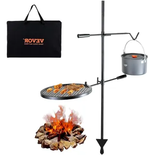 Drehspieß Schwenkgrill aus Stahl 360 x 360 mm, Holzkohlegrill mit doppeltem Grillrost, Grillgestell, 6 kg Tragfähigkeit, 300 °C, freistehender Spießbratengrill für BBQ und Outdoor