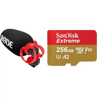 RØDE VideoMicro II – Ultra-kompaktes Richtrohrmikrofon für Kamera oder Mobilgerät, mit XLR & SanDisk Extreme microSDXC UHS-I Speicherkarte 256 GB + Adapter