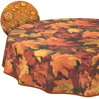 Tischdecke Stoff abwaschbar Tischtuch Tafeldecke pflegeleicht Lotuseffekt schmutz- & wasserabweisend für Indoor Outdoor Tischdecke Rund 140cm mit Saum (Eingefasst) Herbst Ahorn
