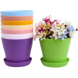 TOKERD 10 Stück Kleiner Blumentopf 10cm Pflanztöpfe Kunststoff Bunte | 8 Farben, Kleine Töpfe Pflanzen mit Untersetzer, Rund Anzuchttöpfe für Büro Balkon Geländer