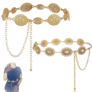 TREABEAR 2PCS Concho Kettengürtel Gold Taillenkette aus metall, Kettengürtel Damen, Bauchkette Gold Pirat, taillengürtel damen, Cowgirl Gürtel Damen, verstellbarer Goldener Gürtel Für Kleide