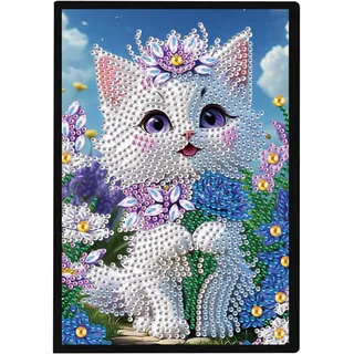 SHEGZHUC 14.5x21cm Diamond Painting Notizbuch A5 Blank Diamant Painting Notizbuch Diamant Malerei Notizbuch Diamond Painting Strass Special Spezialsteine Tagebuch Mädchen Geschenke(Weiße Katze Blumen)