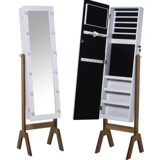 DRW Stehender Schmuckspiegel aus Holz mit Neonlichtern in Weiß und Natur, 40 x 37 x 155 cm, INT. 25 x 109 cm