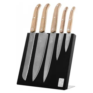 Laguiole Innovation – Messerset, Eichenholzgriff, Stonewash-Klingenfinish und magnetischer Messerständer - Schwarz
