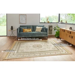 HANSE HOME Nouristan Naveh Orient Teppich – Wohnzimmerteppich Orientalisch mit Fransen Vintage Orientalischer Samt-Teppich für Esszimmer, Wohnzimmer, Schlafzimmer – Creme, 95x140cm