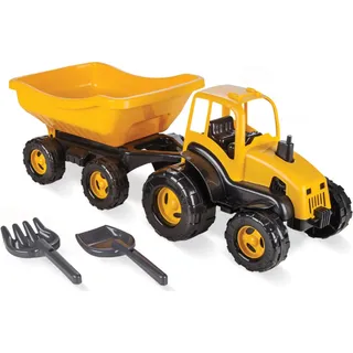 COIL Spielzeug-Traktor Traktor mit Anhänger, Sandspielzeug, Traktor für Kinder, Harke und Schaufel, kippbarer Anhänger - Gelb