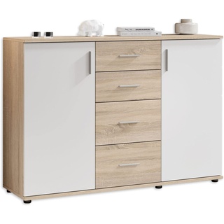 Stella Trading BOBBY Kommode in Eiche Sonoma Optik, weiß - Modernes Sideboard mit viel Stauraum für Ihren Wohnbereich - 120 x 82 x 35 cm (B/H/T)