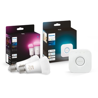 Philips Hue White and Col. Amb. LED E27 Lampen mit Hue Bridge Steuerungszentrale, 2-er Pack, 800lm, 16 Mio. Farben und Weißtöne, Steuerung per App, Schaltern, Sprache