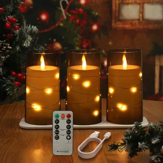 EXTSUD 3 Stück LED Kerzen mit Lichterkette und Timer Aufladbare LED Kerzen mit Fernbedienung Flammenlose Led Kerzen für Wohnung Dekoration Weihnachten Geburtstag (Grau)