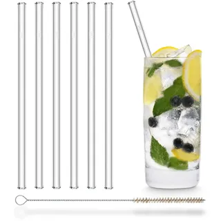 HALM Glas Strohhalme Wiederverwendbar Trinkhalm - 6 Stück gerade 20 cm + plastikfreie Reinigungsbürste - Spülmaschinenfest - Nachhaltig - Glastrinkhalme Glasstrohalme für Long-Drinks, Smoothies, Saft