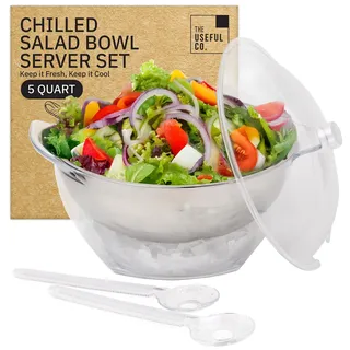 Useful Co. Salatschüssel-Set auf Eis, große Salatschüssel mit Deckel & 2 Servierlöffeln, gekühltes Tablett für kalte Speisen, Partybuffet, Servierschale mit Eiswürfelboden für Versammlungen