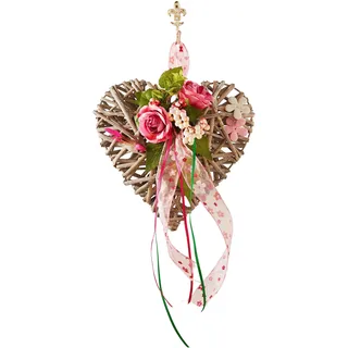 Herz aus Holz mit künstlichen Rosen Beeren und Schleife zum Hängen Hängende Deko Kranz Kränze Herzform Blumengesteck Rosenköpfe Türkranz Wandkranz Valentinstag Hochzeitsdeko romantische Dekoration