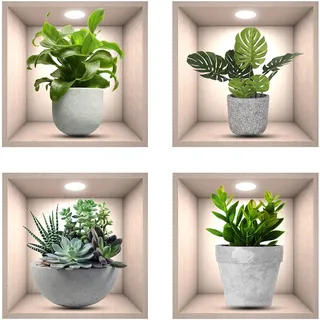 Wandtattoo Pflanzen, 4pcs Realistic Green Topted Pflanze Wasserdichte Wandkunst Aufkleber 3D Vinyl Abnehmbare Wandaufkleber für Wohnzimmer Schlafzimmer Badezimmer Küche Büro Dekor