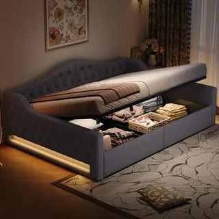 FAVSH Polsterbett Schlafcouch 140x200 mit Bettkasten, Tagesbett mit LED-Beleuchtung und Stauraum, Multifunktionales Sofabett Einzelbett für Gästezimmer und Jugendzimmer, Ohne Matratze(Grau)
