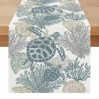 Miuyunya Tischläufer Modern 40x100 Outdoor Sommer Tisch Läufer Blau Wetterfest Maritim Abwaschbar Landhausstil Leinenoptik Tischdecke Kurz für Frühling Hochzeit Party Küche Tischdeko