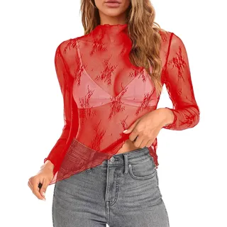 Mesh Oberteil Damen Rave Oberteil Damen Lace Top Elegantes Transparentes Sexy Langarm Shirts Bluse Oberteile Rotes Spitzen Oberteile Spitzenbluse Braun Spitzen Langarmshirt Spitzenbluse Transparent