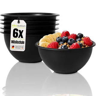 idea-station Müslischalen aus Kunststoff - 6 Stück - 650 ml - schwarz | BPA-frei + Bruchsicher + Stapelbar - Müsli Bowl Set aus Plastik - kleine Schalen & Schüsseln für Salat, Frühstück, Cornflakes