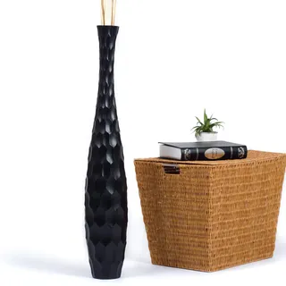 Leewadee Große Deko Bodenvase Für Dekozweige, Hohe Standvase Für Pampasgras, Design Holzvase, 90 cm, Schwarz