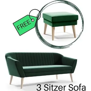 3 Sitzer Sofa mit Beinen skandinavisches Sofa grün HOCKER GRATIS - Grün