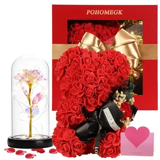 POHOMEGK Cadeau Saint Valentin Femme Ours Roses accompagné d'une Lanterne colorée. UNE délicieuse Surprise Pour Votre dulcinée, accompagnée d'une Carte de vœux et d'un Emballage raffiné (Rot Rosé)