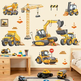 decalmile Wandsticker Kinderzimmer Baufahrzeuge Baustelle Wandtattoo Junge Fahrzeuge Traktor Bagger Auto Wandaufkleber Kinderzimmer Babyzimmer Schlafzimmer Wanddeko