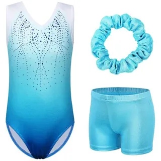 ZNYUNE Mädchen Turnanzug mit Hose Haarband Set Gymnastikanzug Kinder Shorts Trikot Turnen Ärmellos/Langarm Kleidung klassisch Turnbody B182 Blue 8A