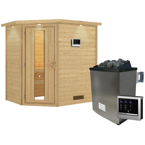 Bild von Karibu Sauna Svea Eckeinstieg, 9 kW Saunaofen mit externer Steuerung, für 3 Personen - beige