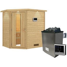 Bild Karibu Sauna Svea Eckeinstieg, 9 kW Saunaofen mit externer Steuerung, für 3 Personen - beige