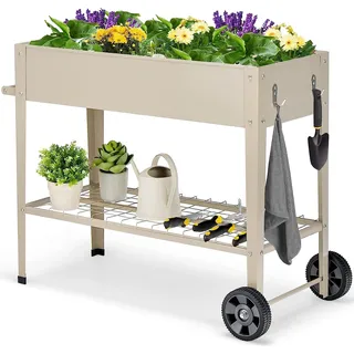 COSTWAY Hochbeet mit Ablage & 2 Rollen, Erhöhtes Gartenbeet Metall, Pflanzkasten mit Haken & Griff, Gemüsebeet Kräuterbeet groß, für Balkon Garten Terrasse, 95 x 40 x 80 cm