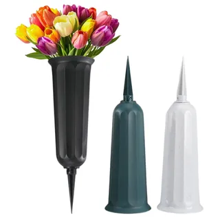 TAKONE Grabvase mit Erdspieß 3er Set – Schwarz, Grün & Grau Friedhofsvase Zum Stecken Ca. 25 x 7,7 cm – Wetterfeste Grabvasen für Frische Blumen & Grabgestaltung