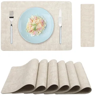 fanquare Platzsets und Untersetzer 6er Set PU Leder Tischsets Rechteckig Beige rutschfest Hitzebeständig Tischsets für Zuhause Essen Küche Restaurant Hotel 43x30cm