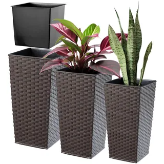 KADAX 3er Set Pflanzkübel 46,5/57,5/68 cm Höhe, Mokka Rattan | Mit Innentopf, Wetterfest, Robust, Kunststoff, Innen- & Außenbereich