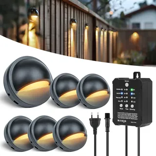 HIBOITEC 6 Stück Dimmbare Zaunbeleuchtung mit Strom, Fotozellensensor & Timer Gartenbeleuchtung mit Transformator, IP67 Wasserdichte Zaunleuchten für Außen Terrasse Treppenbeleuchtung (Warmweißes)