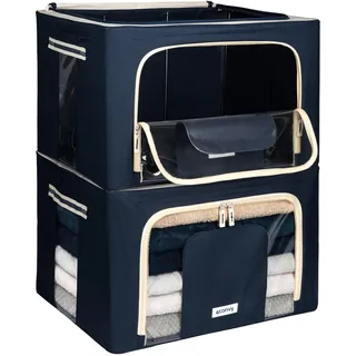 4CONVY Kleideraufbewahrung Kleiderschrank Box mit Reißverschluss Metallrahmen - große faltbare stapelbare Aufbewahrungsbox -2x66L Aufbewahrungstaschen - Kleiderbox für Bettdecke Kleidung Aufbewahrung