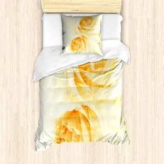 ABAKUHAUS Gelb Bettbezug Set, Rosen Blume Im Aquarell Effekt Romantischer Girly Klassischer Art Entwurfs Druck, 135 x 200 cm + 80 x 80 cm, Gelb und Beige - Gelb, Beige