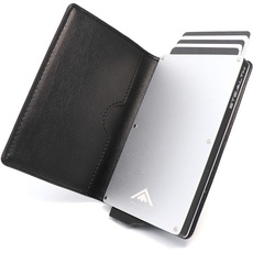 Stealth Wallet – Minimalistische Schlanke Leichte Pop-Up Kartenhalter – Kontaktlos Geschützte Sichere Smart Card-Halter Geldbörsen (Silber mit Schwarzem Leder)